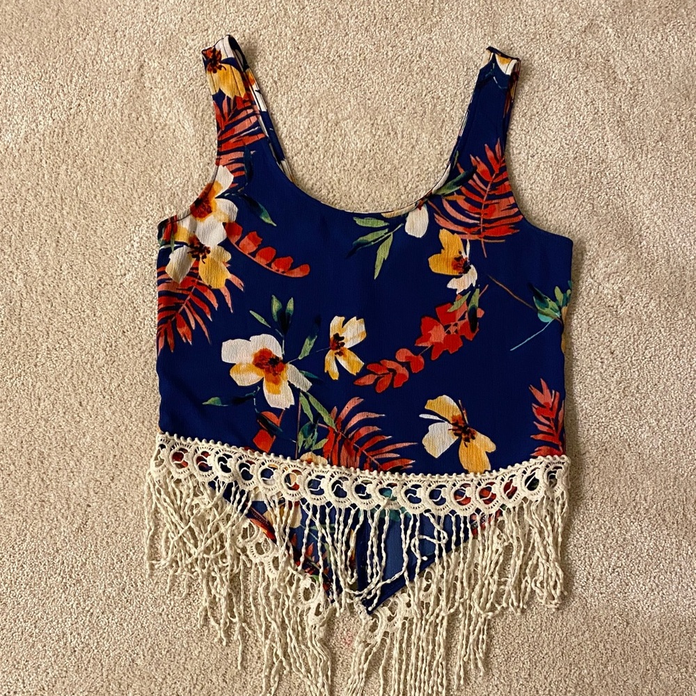 Charlotte Russe Navy Floral Fringe Camisole